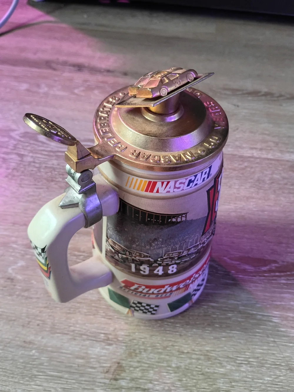 Budweiser 50th Anniversary Ceramic Stein with Red, Blue, Gold, Black Accents